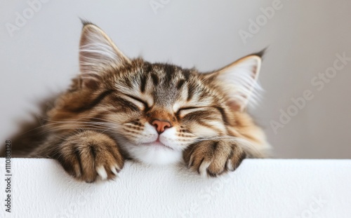 A soft cat lies peacefully with its eyes shut on a white surface in a serene indoor environment. photo