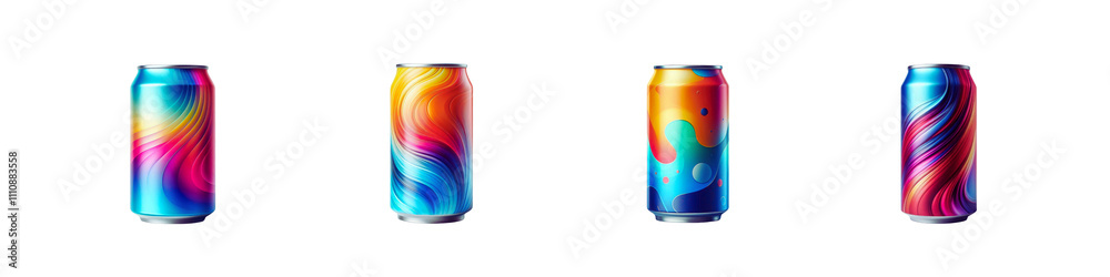 Fototapeta premium Set of Empty colorful beverage can, isolated over on transparent white background