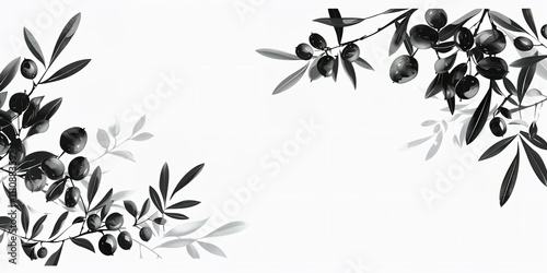 A show olive blossom with a corner of the branch Black vector botanical borders with a large copy space in the center on a plain white background, Generative AI.