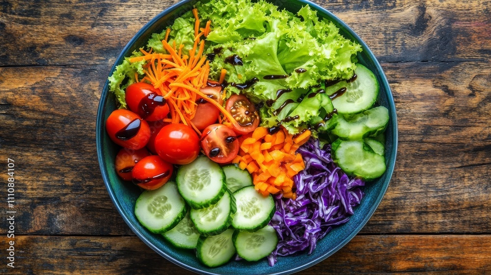 Photo of, A colorful array of farm-fresh vegetables arranged in a vibrant salad bowl, featuring crisp lettuce Photo of, A colorful array of farm-fresh vegetables arranged in a vibrant salad bowl, featuring crisp lettuce