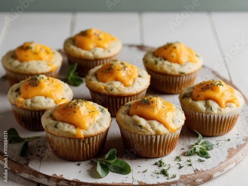 Savory baked muffins topped with melted cheese and herbs on a wooden board. photo