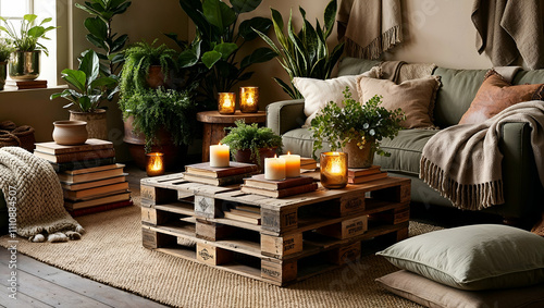 Cozy living room with pallet coffee table and natural decor in a warm atmosphere