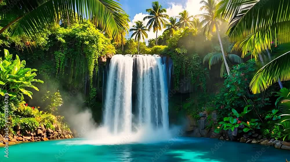 Tropical Waterfall Surrounded by Lush Greenery and Crystal-Clear Pool
Tropical Waterfall Surrounded by Lush Greenery and Crystal-Clear Pool