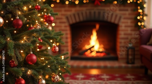 Cozy Christmas scene with decorated tree, fireplace, and warm lighting, festive and inviting