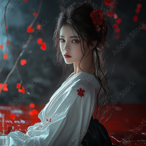 Beautiful Japanese Kimono girl in a traditional Japanese room photo