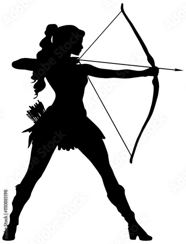 Silhouette of the greek goddess Artemis with bow and arrow, isolated 