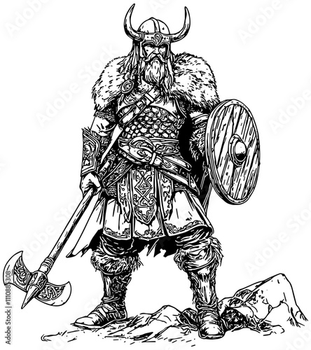 Male viking with axe and shield illustration in black, isolated 