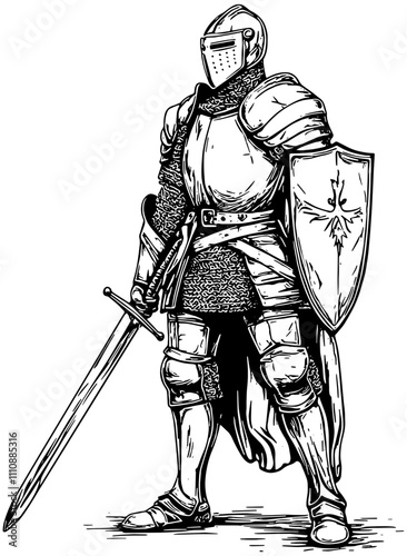 Medieval knight with sword and shield, isolated 