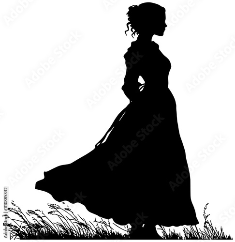 Silhouette of a woman in a long dress on a windy day, isolated 