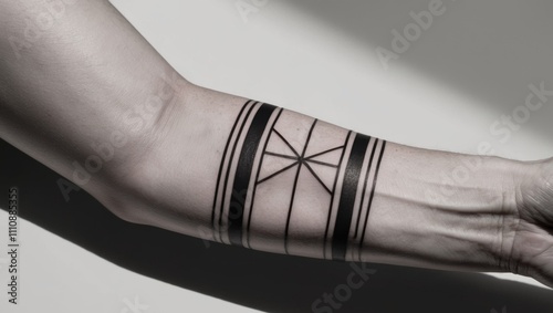 A dark geometric forearm tattoo band design. photo