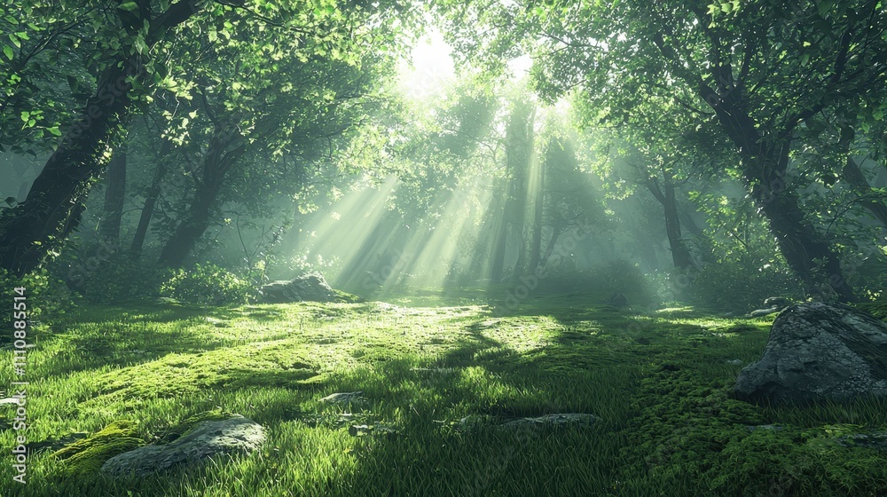 A peaceful forest glade with sunlight streaming through the canopy, casting dappled light on the mossy ground. Soft greens and browns create a natural and calming atmosphere. Perfect for tranquil A peaceful forest glade with sunlight streaming through the canopy, casting dappled light on the mossy ground. Soft greens and browns create a natural and calming atmosphere. Perfect for tranquil