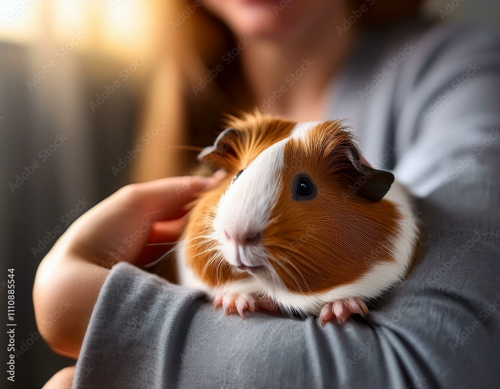 Person gently cradling a relaxed and content guinea pig, showing tenderness and care Person gently cradling a relaxed and content guinea pig, showing tenderness and care