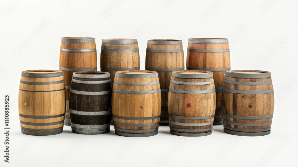 A collection of wooden barrels with different designs and sizes A collection of wooden barrels with different designs and sizes