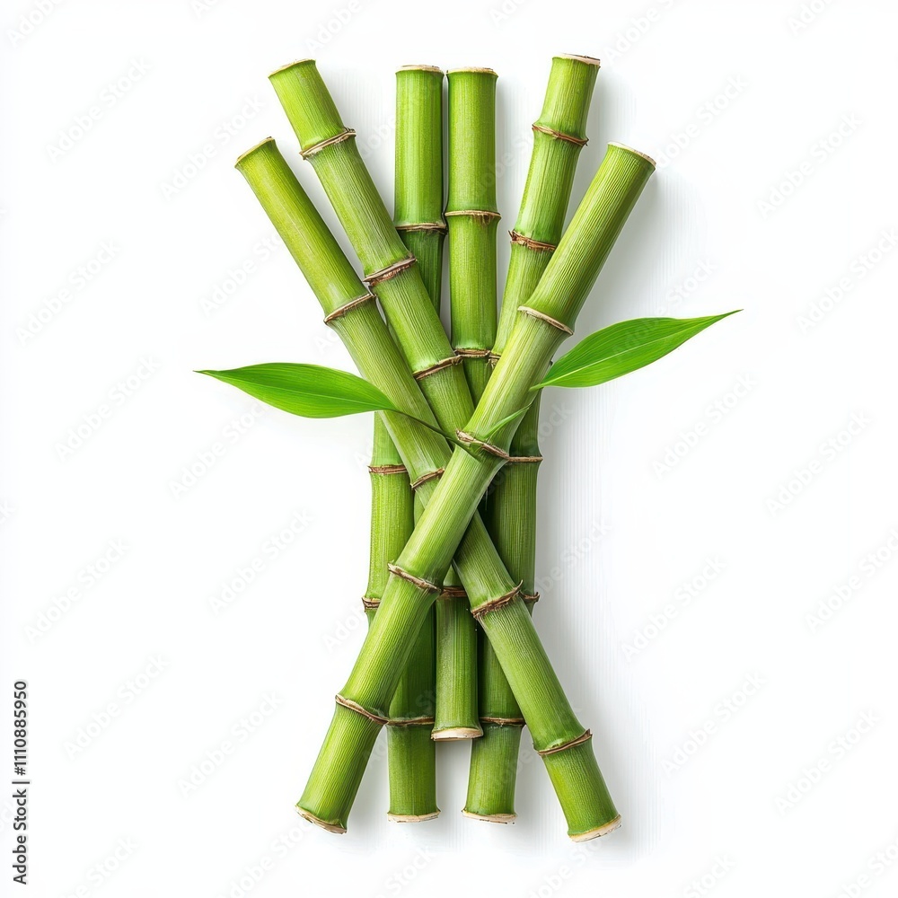 Obraz premium Vibrant Green Bamboo Sticks Arranged Elegantly with Fresh Leaves on a White Background