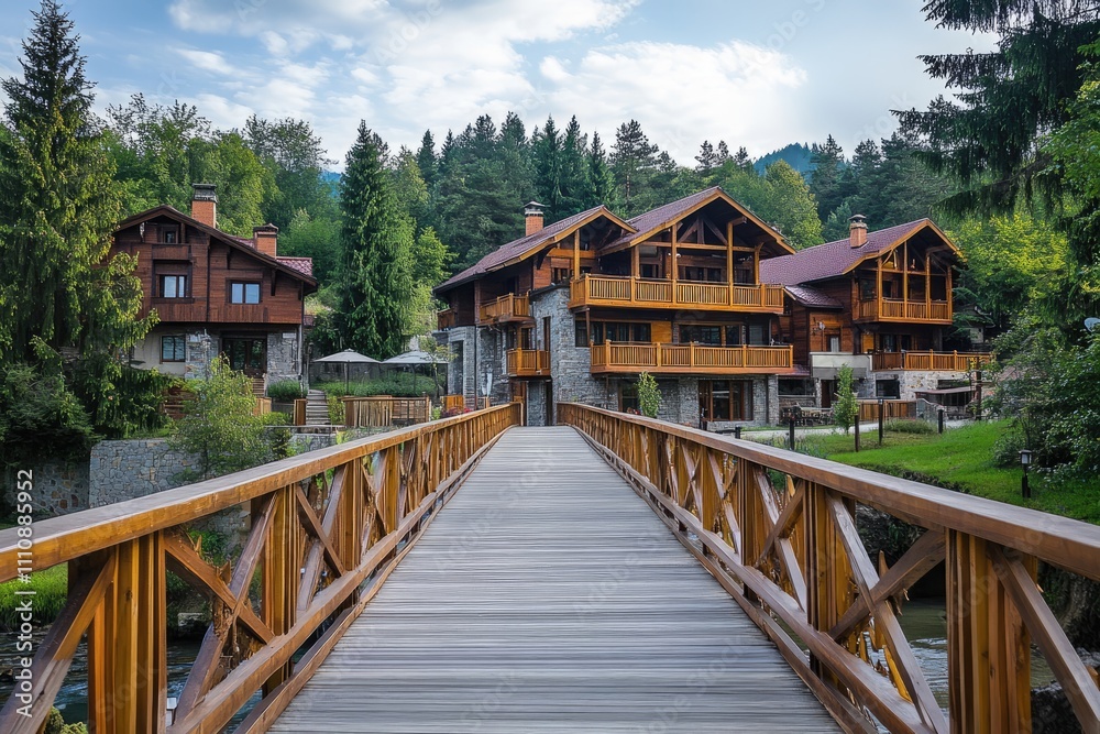 Wooden Bridge Leading to Mountain Chalets Wooden Bridge Leading to Mountain Chalets