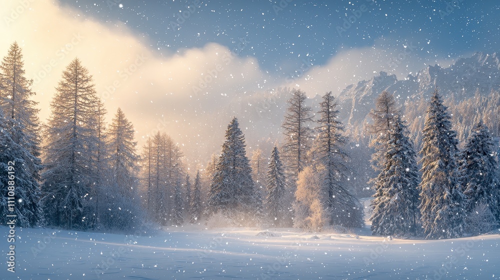 Fototapeta premium A peaceful winter landscape with snow-covered trees and a soft blue sky. Gentle snowflakes fall, adding a tranquil and magical feel to the scene. The composition is perfect for seasonal and 