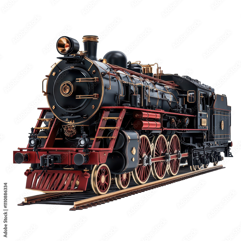Fototapeta premium Classic steam locomotive on railway tracks. transparent background