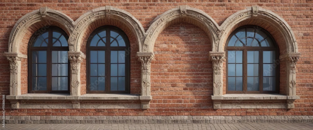 Arched windows on a brick wall with intricate stone carvings, old, facade Arched windows on a brick wall with intricate stone carvings, old, facade