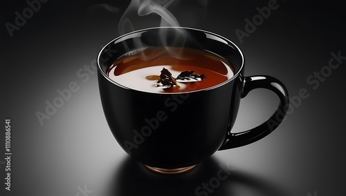 A steaming cup of tea in a black mug photo