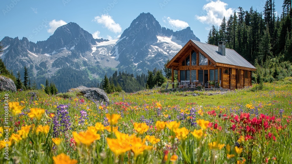 Fototapeta premium A remote alpine meadow filled with colorful wildflowers, with a small wooden cabin nestled against a backdrop of towering peaks. The peaceful and scenic setting invites tranquility and reflection 