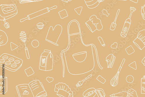 Seamless pattern of kitchen tool icons. Hand drawn kitchen equipment and baking in doodle style. Vector illustration on light background for restaurant menu, recipe book and wallpaper. Vector 