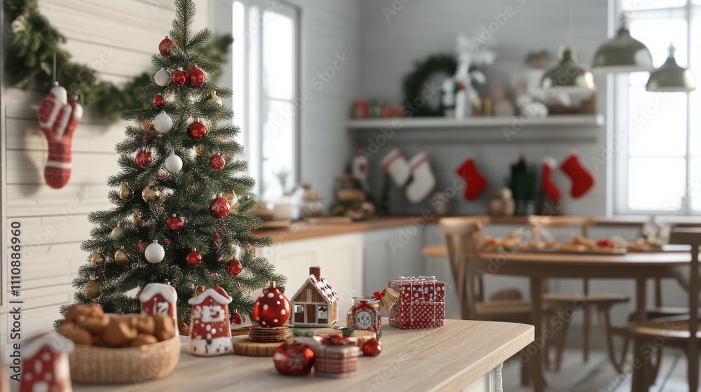 Obraz premium Warm Festive Ambiance: Red and White Christmas Tree on Kitchen Table with Gingerbread House Display, Light-Filled Room with Decorative Stockings