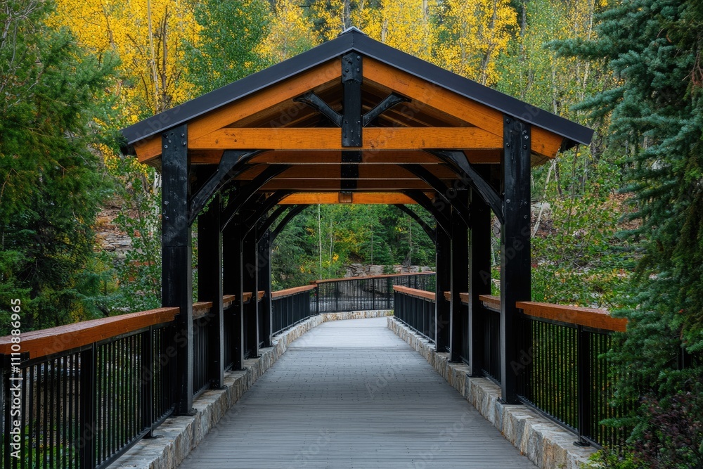 Covered Wooden Bridge Pathway Autumn Foliage Covered Wooden Bridge Pathway Autumn Foliage