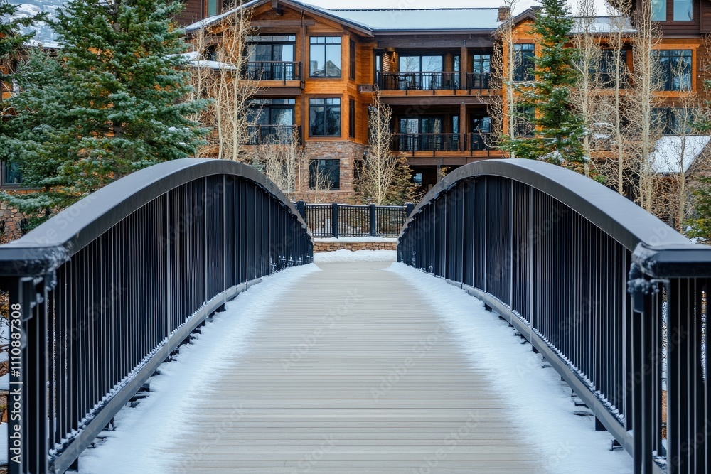 Snow Covered Pedestrian Bridge Leading To Winter Lodge Snow Covered Pedestrian Bridge Leading To Winter Lodge