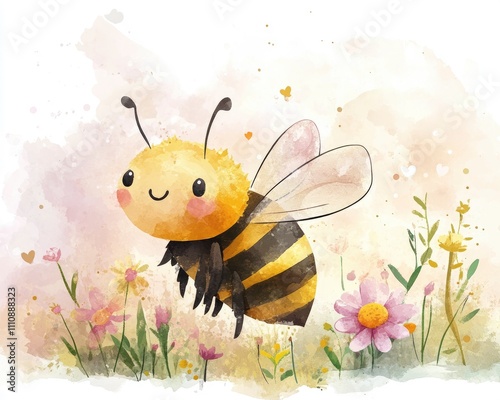 A cute, cartoonish bee surrounded by colorful flowers in a whimsical, soft watercolor style.