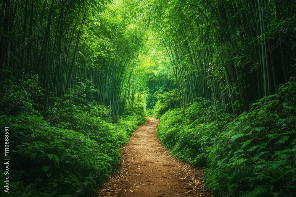 Obraz premium Serene Path Through Lush Green Bamboo Forest