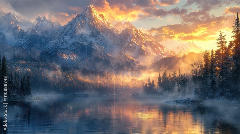A serene mountain range bathed in the golden light of dawn, with mist rolling through the valleys and a crystal-clear lake reflecting the peaks. The soft glow of the rising sun creates a tranquil 