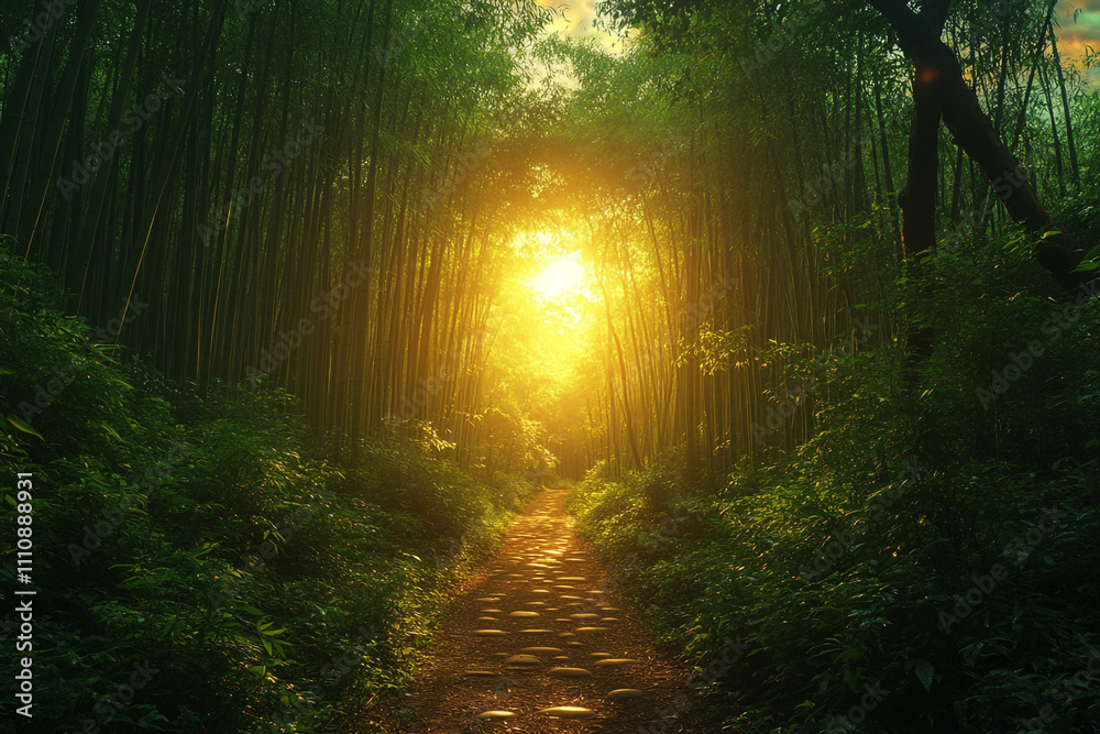 Obraz premium Sunlit Path Through Lush Green Bamboo Forest