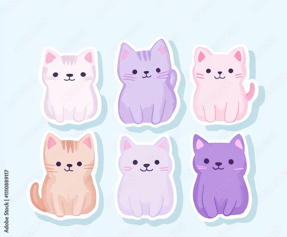 A colorful illustration of six cute cartoon cats in various pastel colors, arranged in two rows on a light blue background. A colorful illustration of six cute cartoon cats in various pastel colors, arranged in two rows on a light blue background.