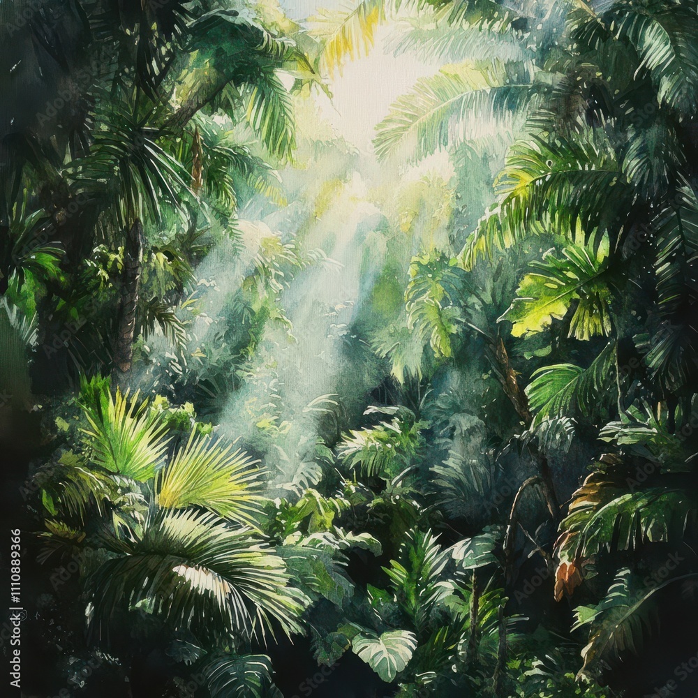 Naklejka premium Capture an aerial view of a lush Rainforest, highlighting transpiring leaves + evaporating water + humid atmosphere in watercolor