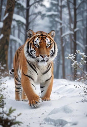 A Siberian tiger's paws barely make a sound on the snow-covered forest floor, winter wonderland, stealth