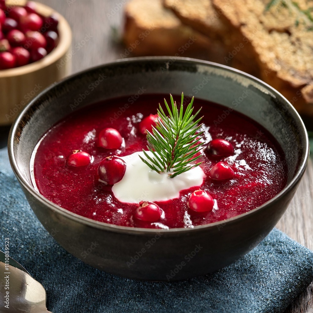 Close-up of Norwegian berry soup (bærsyltetøy) made with lingonberries and served with cream Close-up of Norwegian berry soup (bærsyltetøy) made with lingonberries and served with cream