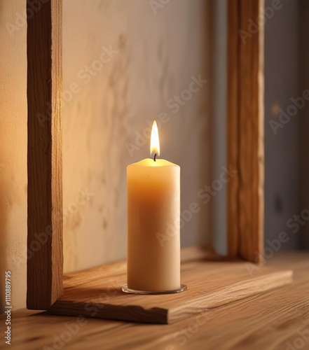 A single candle in a simple wooden frame with warm golden light and soft focus, serene, cozy, soft focus