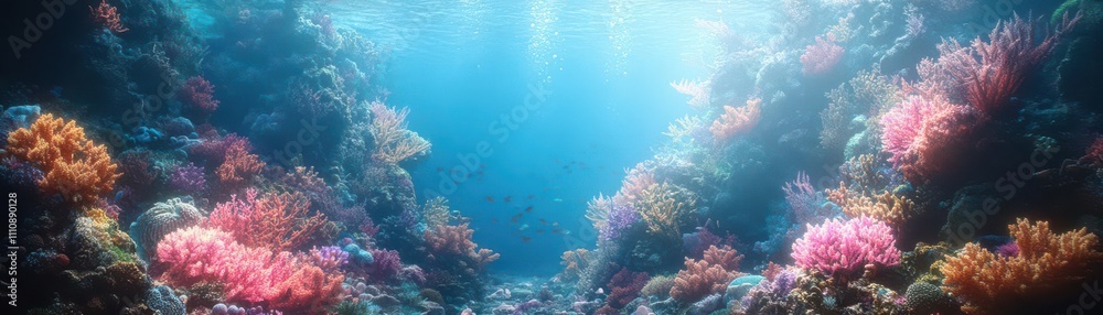 Obraz premium Craft a breathtaking 3D Visualization of a teeming Coral Reef, vividly showcasing underwater life interactions with bubbling oxygen pockets