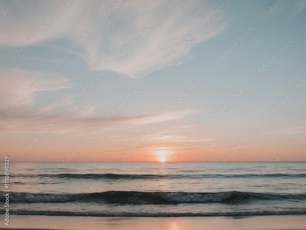 Serene Ocean Sunset Beach Waves Sky Clouds Calm Seascape. Serene Ocean Sunset Beach Waves Sky Clouds Calm Seascape.