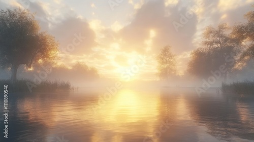 A beautiful misty sunrise over a calm lake with golden light reflecting on the water.