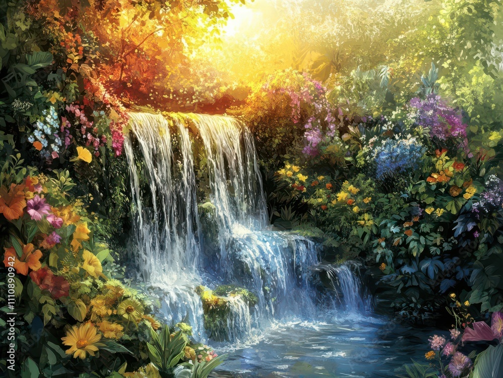 Obraz premium Craft a digital collage representing Elemental Vitality with flowing Waterfalls, verdant Foliage, and radiant Sunlight, emphasizing Transpiration, Moisture, and Energy
