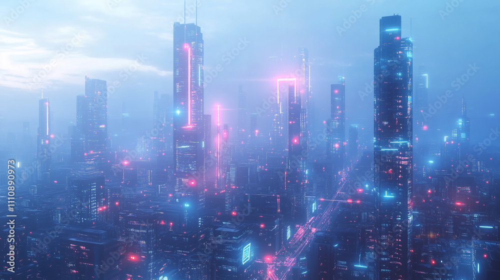 Technology Process System on City Background depicting the integration of advanced technology processes in urban environments Technology Process System on City Background depicting the integration of advanced technology processes in urban environments