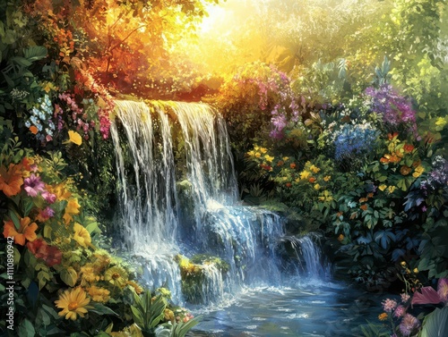 Craft a digital collage representing Elemental Vitality with flowing Waterfalls, verdant Foliage, and radiant Sunlight, emphasizing Transpiration, Moisture, and Energy
