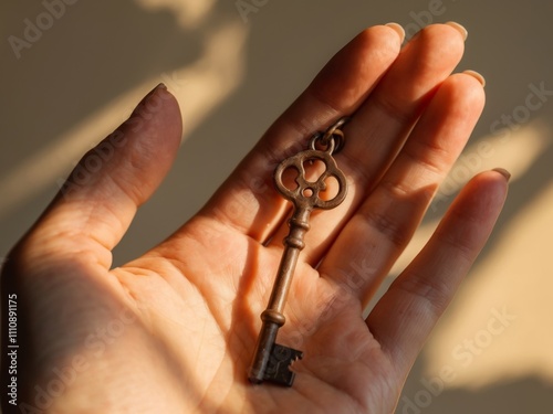 Antique key held by hand in sunlight symbol of mystery and unlocking possibilities. photo