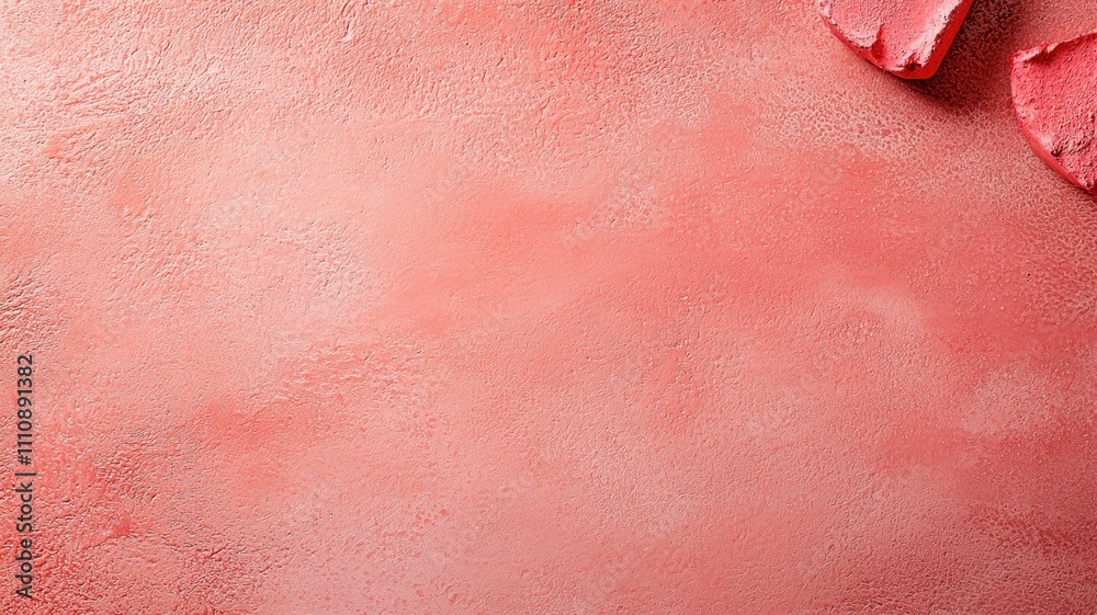 Fototapeta premium Textured pink surface with scattered raspberry pieces.