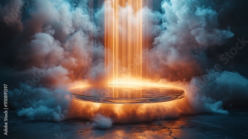 A floating glass podium surrounded by swirling smoke, with light beams creating a dramatic, ethereal effect.