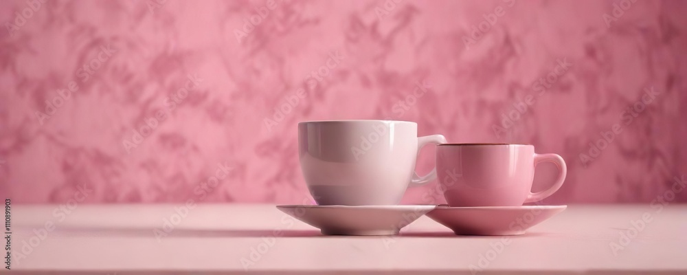 A small cup of coffee placed on a pink background , tableware, pink background A small cup of coffee placed on a pink background , tableware, pink background