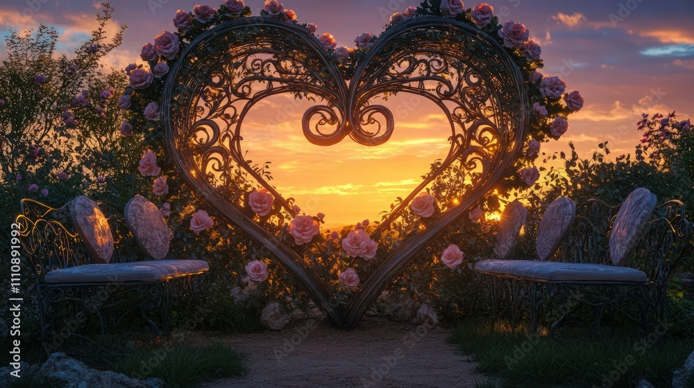 Obraz premium Ornate metal heart archway decorated with roses frames a vibrant sunset for an outdoor wedding ceremony setting.