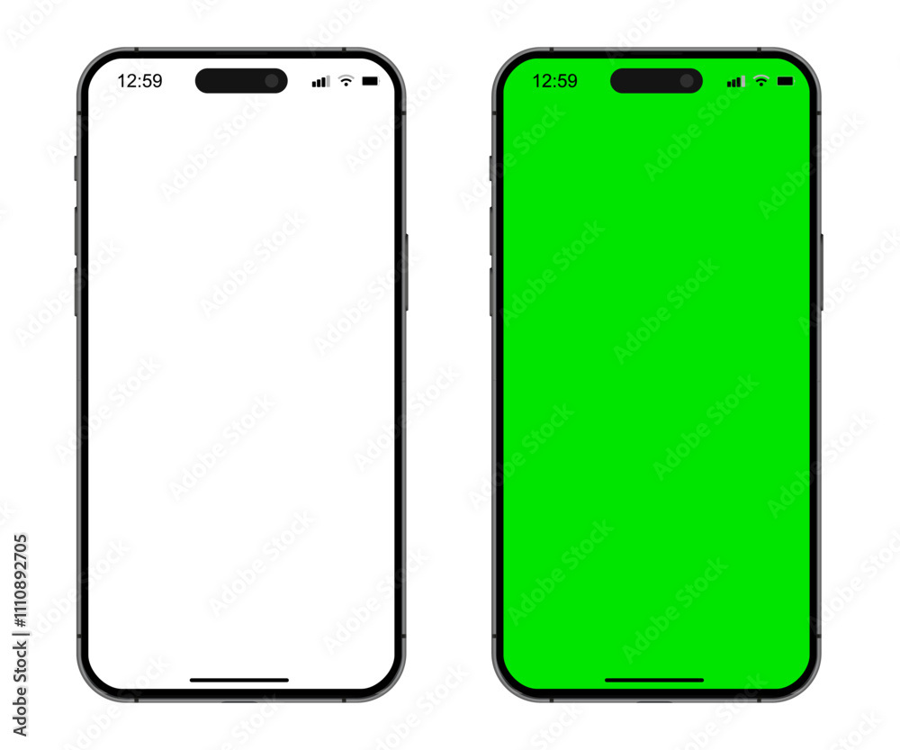 Smartphone mockup set with white empty and green touch screen. Detailed mockup smartphone, model mobile Smartphone mockup set with white empty and green touch screen. Detailed mockup smartphone, model mobile