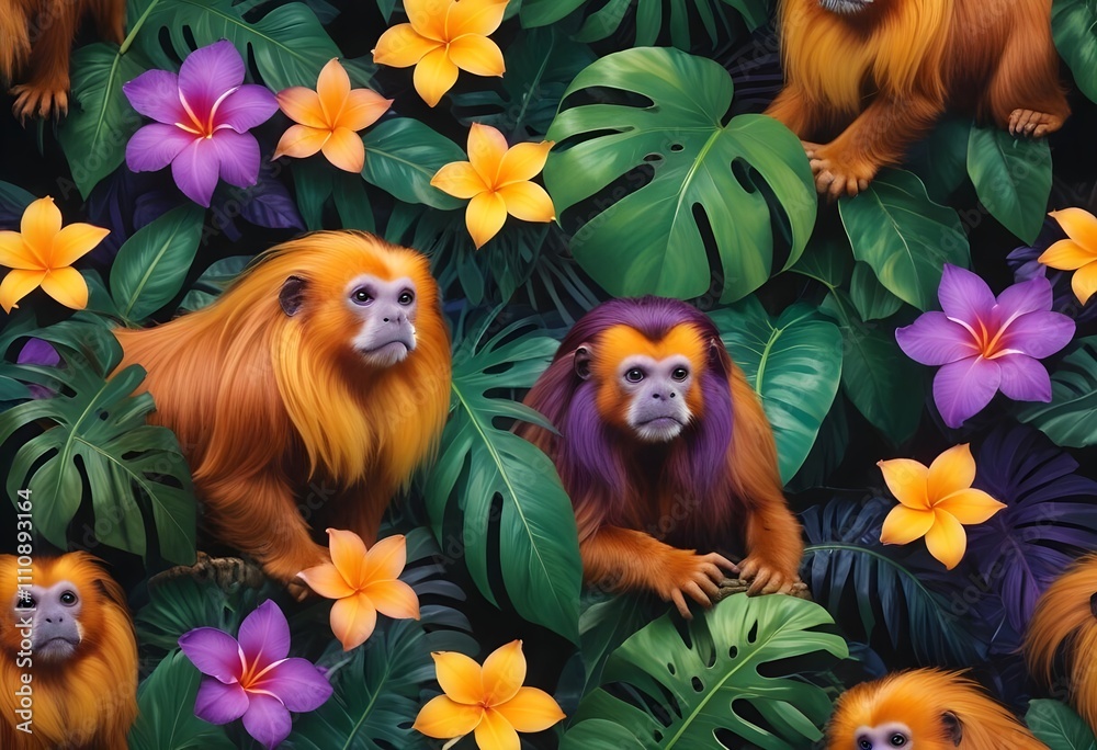 Tropical exotic pattern with animal and flowers in bright colors and lush vegetationn Tropical exotic pattern with animal and flowers in bright colors and lush vegetationn